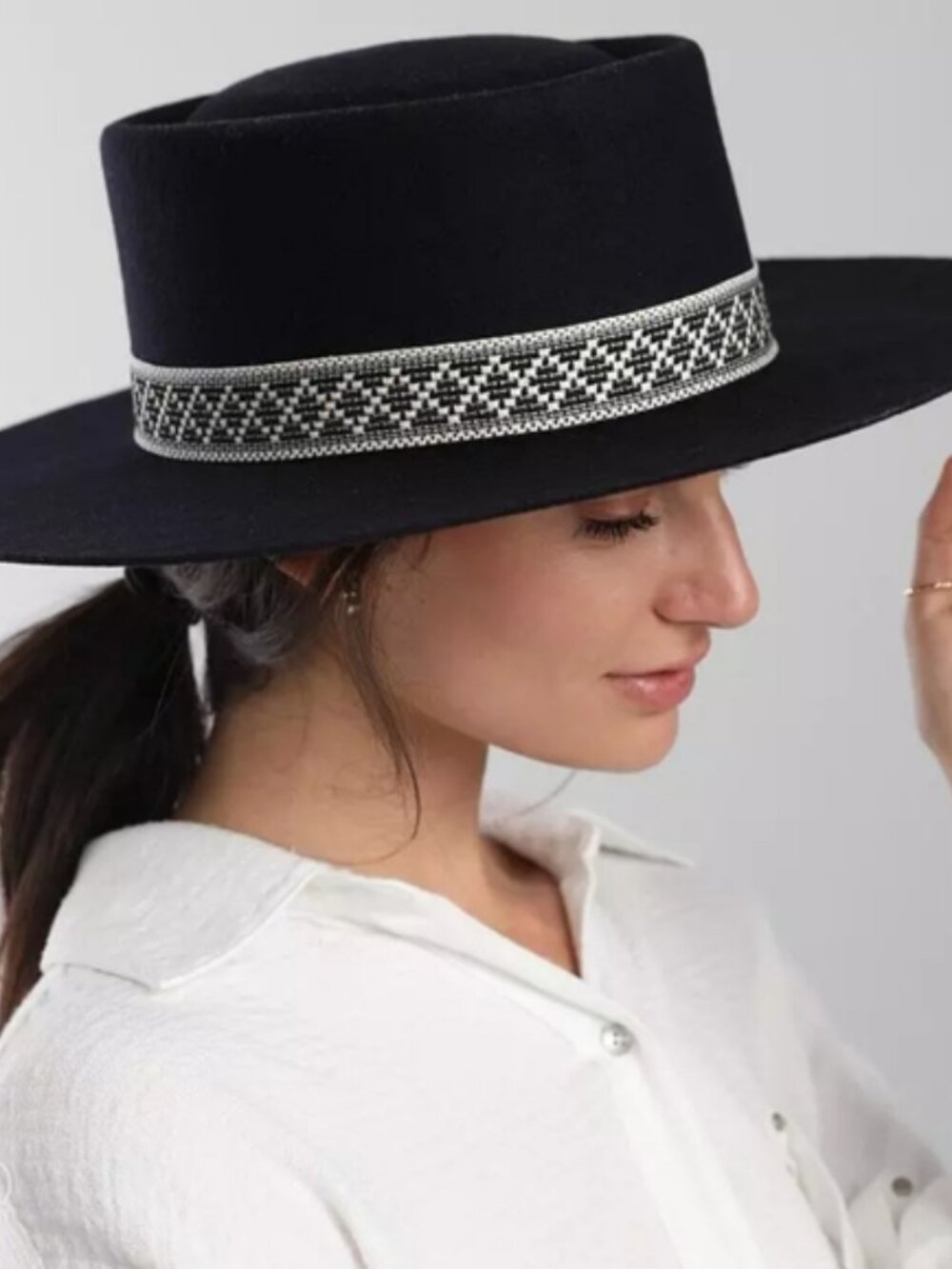 Wyeth Black Wool Rancher Hat Wide Brim Boho Western Fedora Geometric Band OS